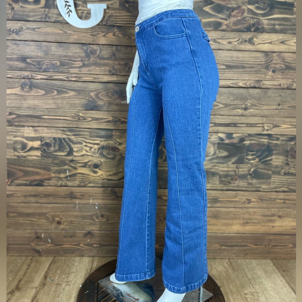 Jealous Tomato | Wide Leg Flare Blue Jeans High Waisted Medium to Dark Wash